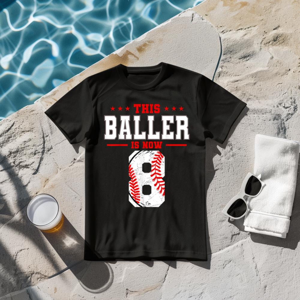 This Baller Is Now 8 Birthday Baseball Theme Bday Party T-Shirt