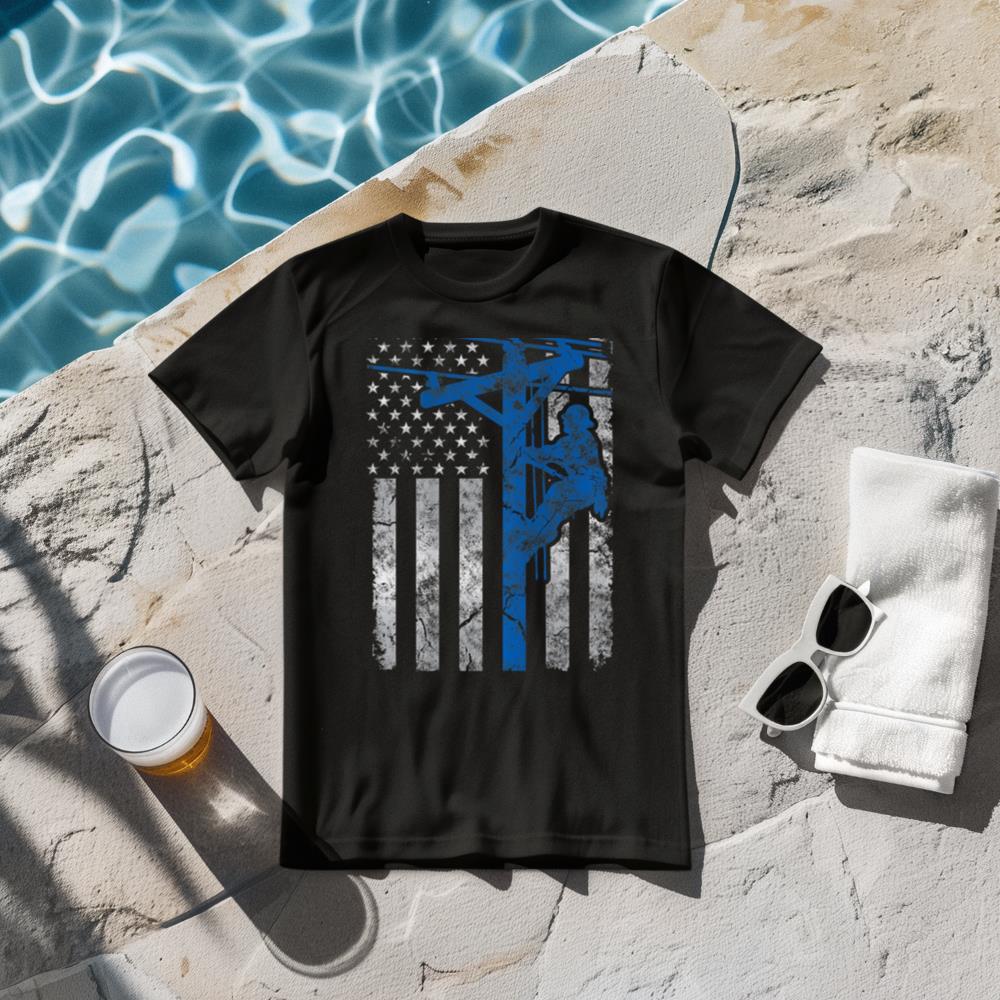 Distressed Patriotic Thin Blue Line Lineman American Flag T-Shirt