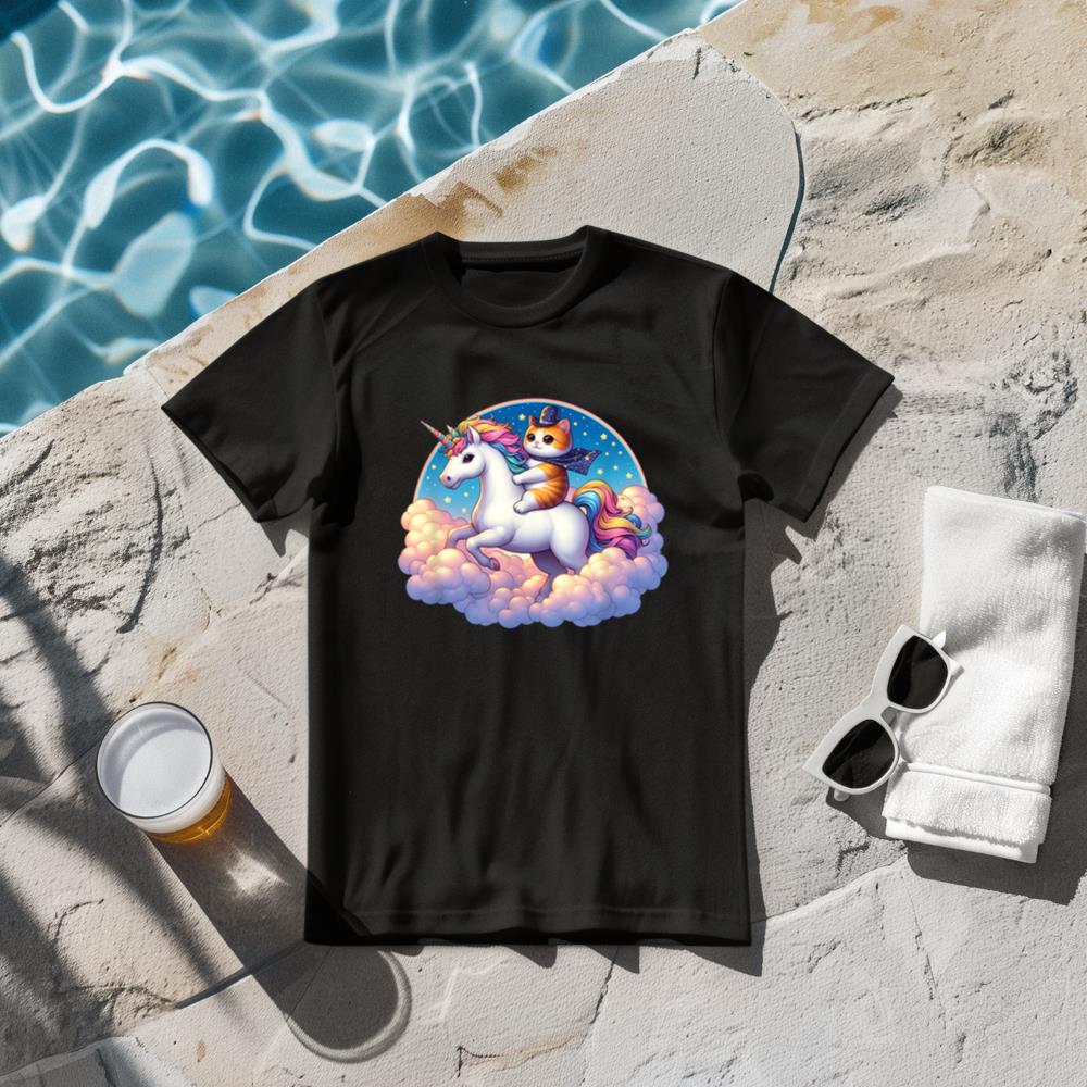Cat Riding Unicorn in the Sky funny Cat T-Shirt