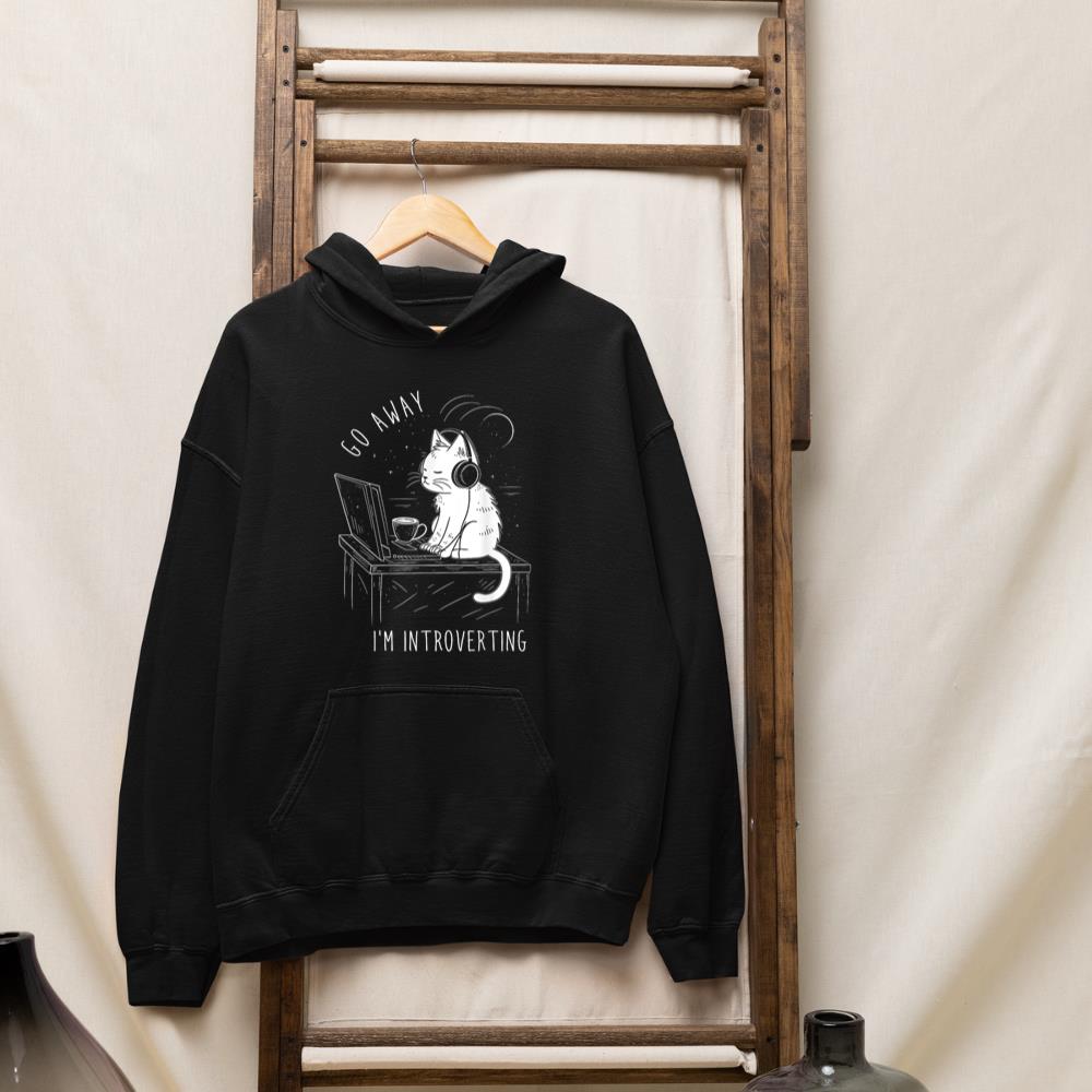Introvert Cat with Coffee on Computer Antisocial Emo Goth Hoodie