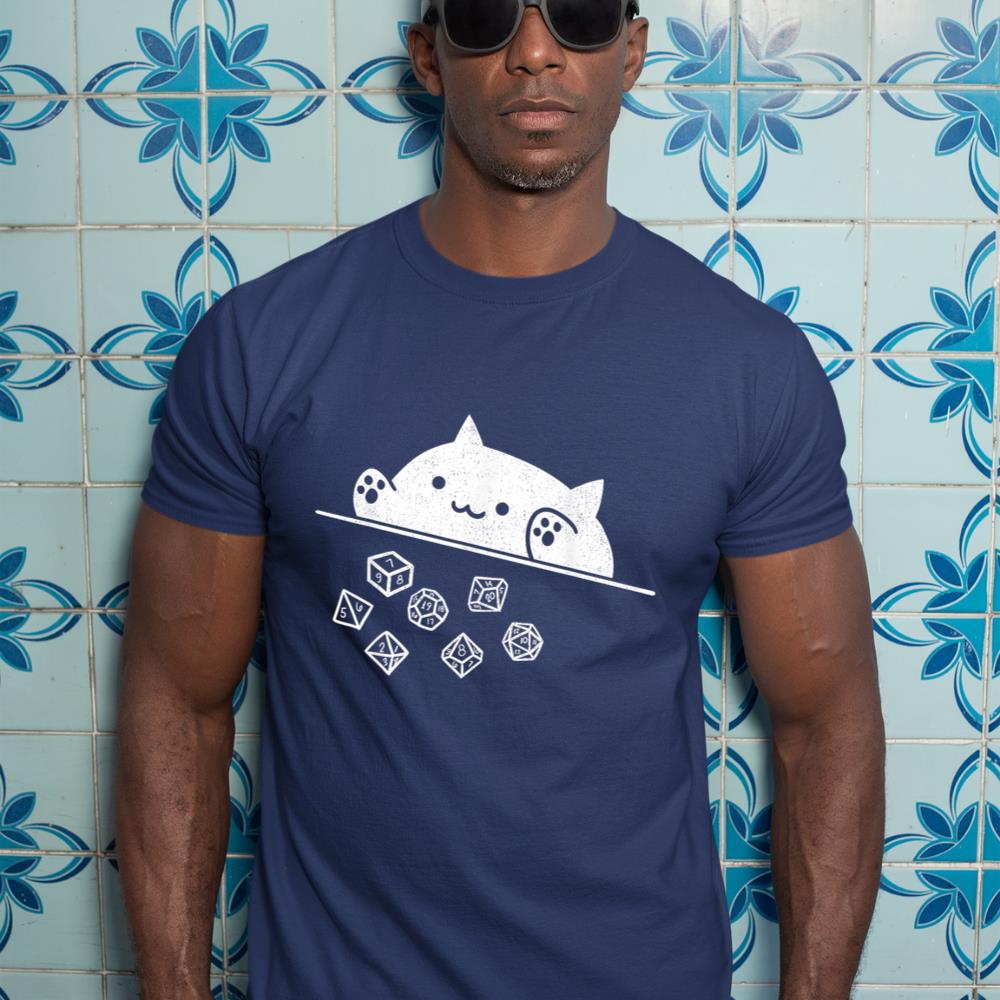A nerdy and cute t-shirt featuring a cat with rainbow RPG dice.