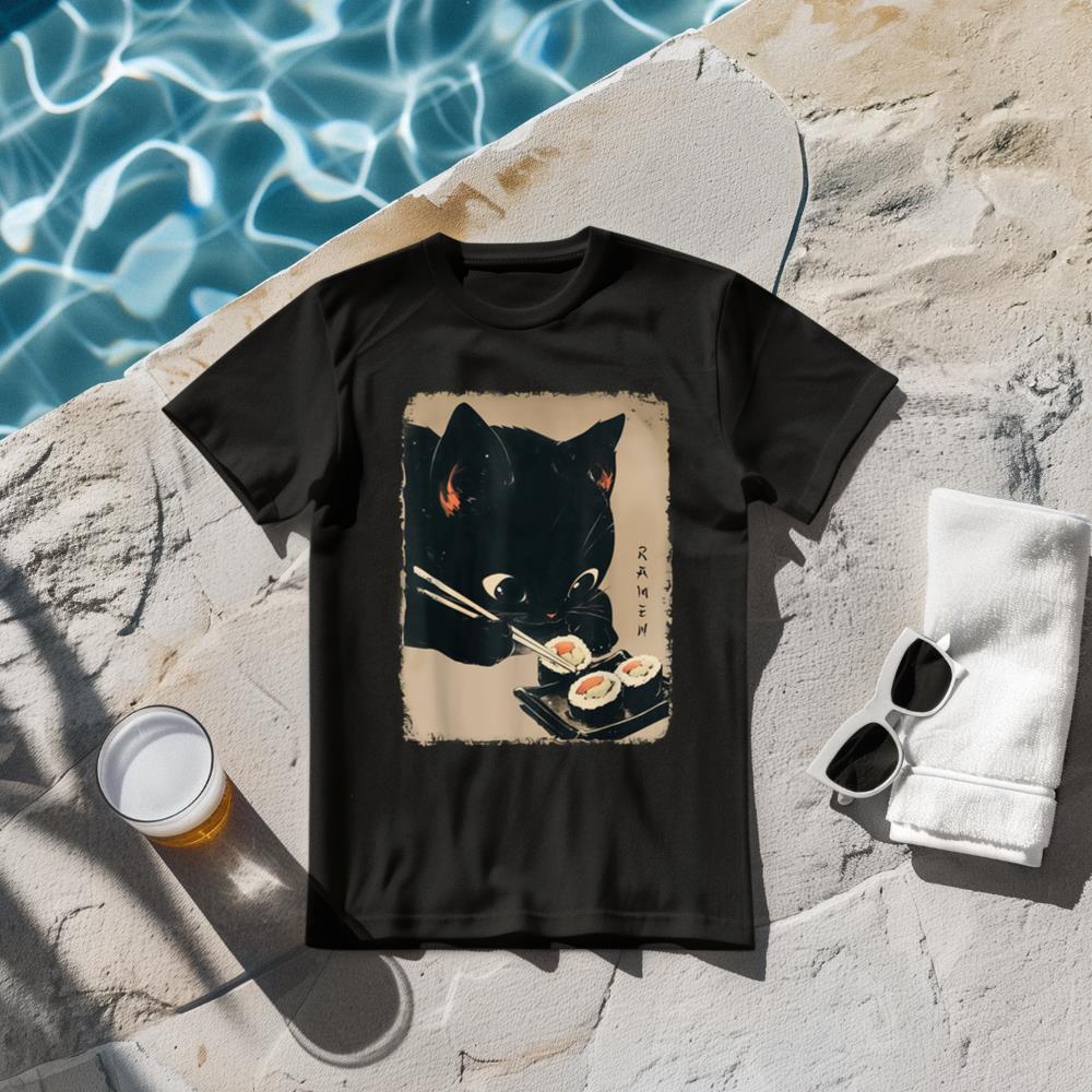 Kawaii Cat Eating Sushi Funny Japanese Anime Cute Cat Girls T-Shirt