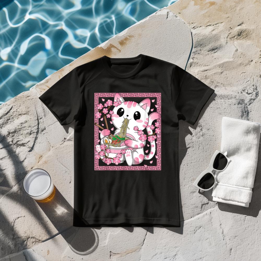 Pink Kawaii Cat Ramen Noodles Anime Japanese Cherry Blossom T-Shirt