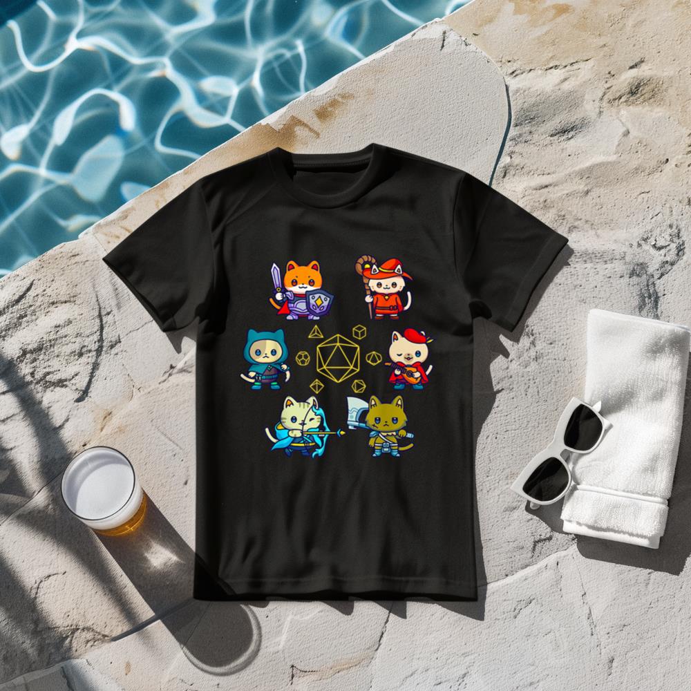 RPG Gamer Cats D20 Dice Nerdy Geek Cat Men Women Kids T-Shirt