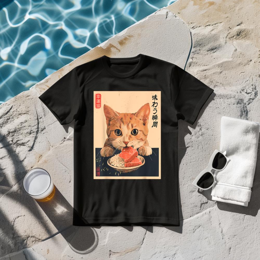 Vintage Lucky Sushi Kitten Art Kawaii Aesthetic Japanese Cat T-Shirt