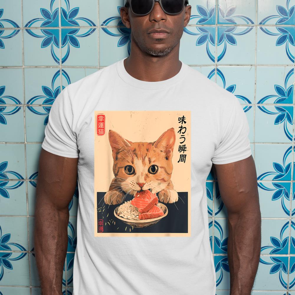 A t-shirt with a vintage kawaii design of a lucky cat holding sushi.