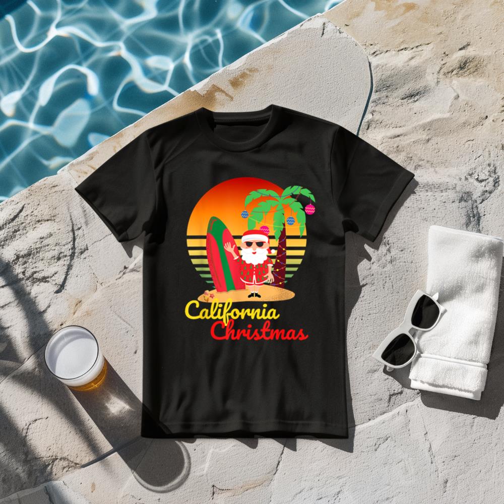 California Christmas Surfing Beach Santa T-Shirt