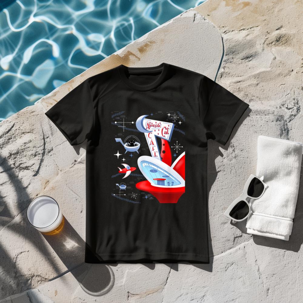 Funny Atomic Cat Cafe Retro Futuristic Spaceport Mid Century T-Shirt