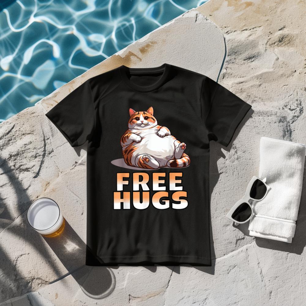 Funny Free Hugs Design with Chubby Cat For Men Women Kids T-Shirt