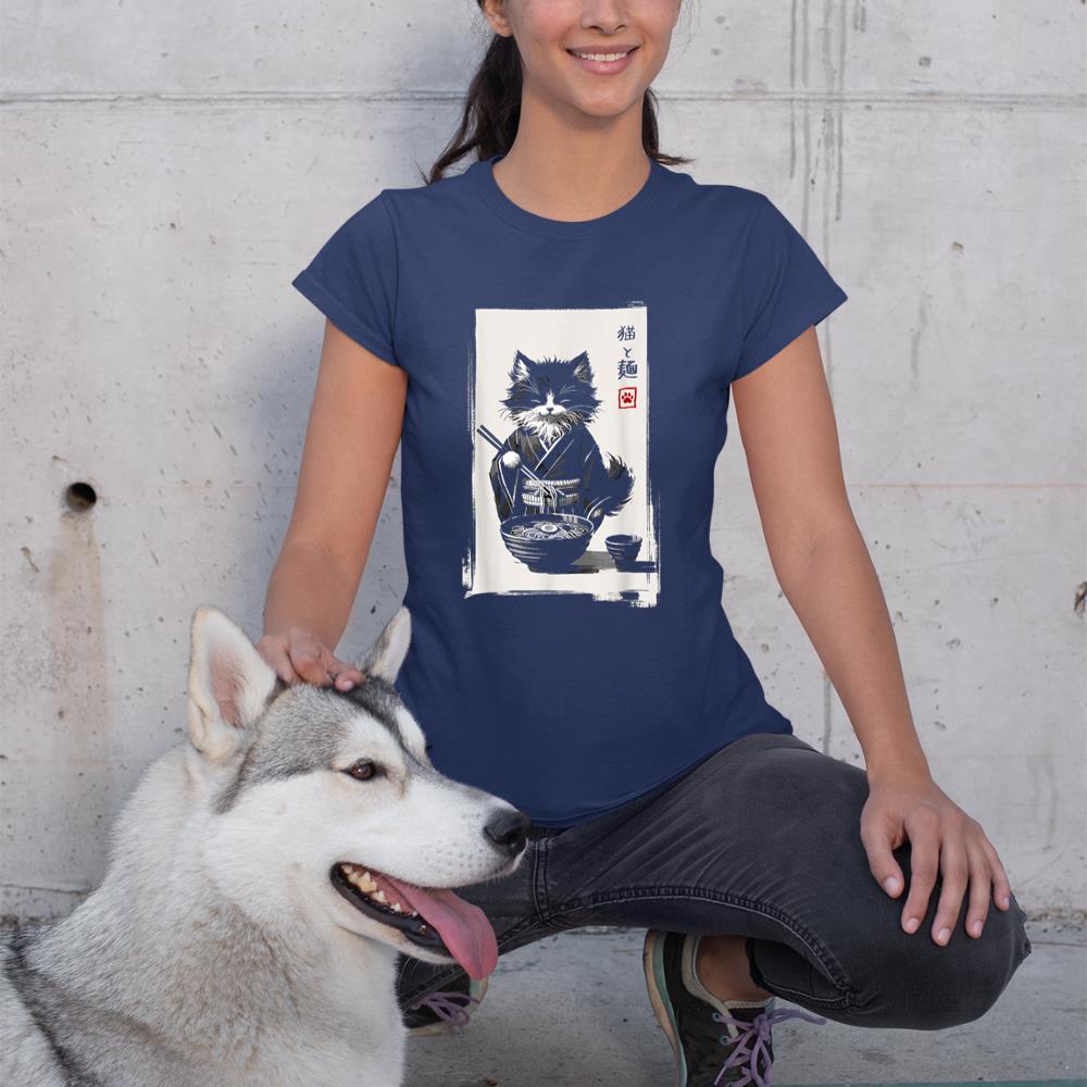 A retro t-shirt with a kawaii anime cat eating a bowl of ramen.