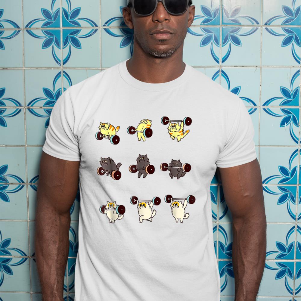 A funny workout t-shirt with a cartoon cat lifting weights.