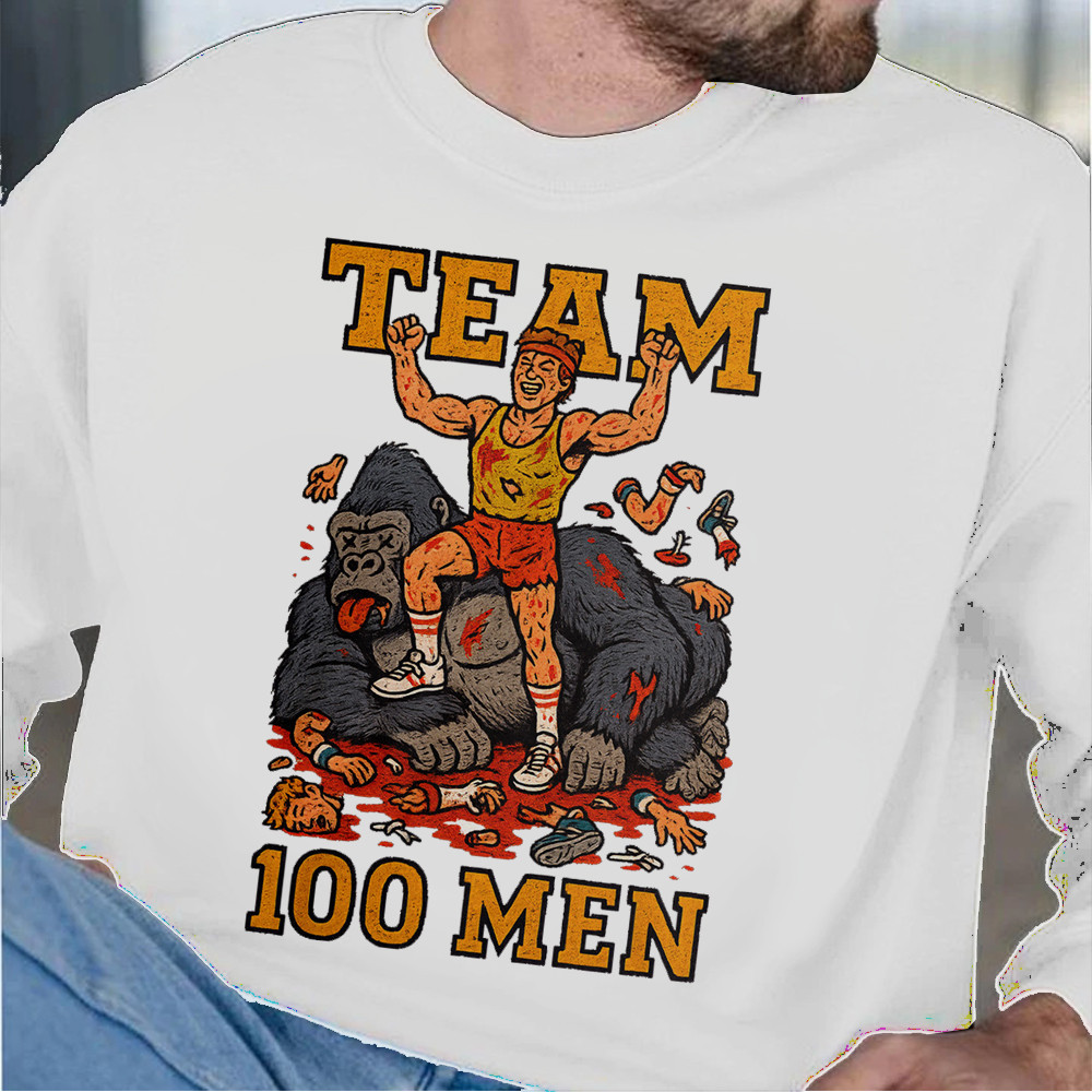 100 Men Vs.1 Silverback Gorilla In Hand to Hand Combat White Sweatshirt