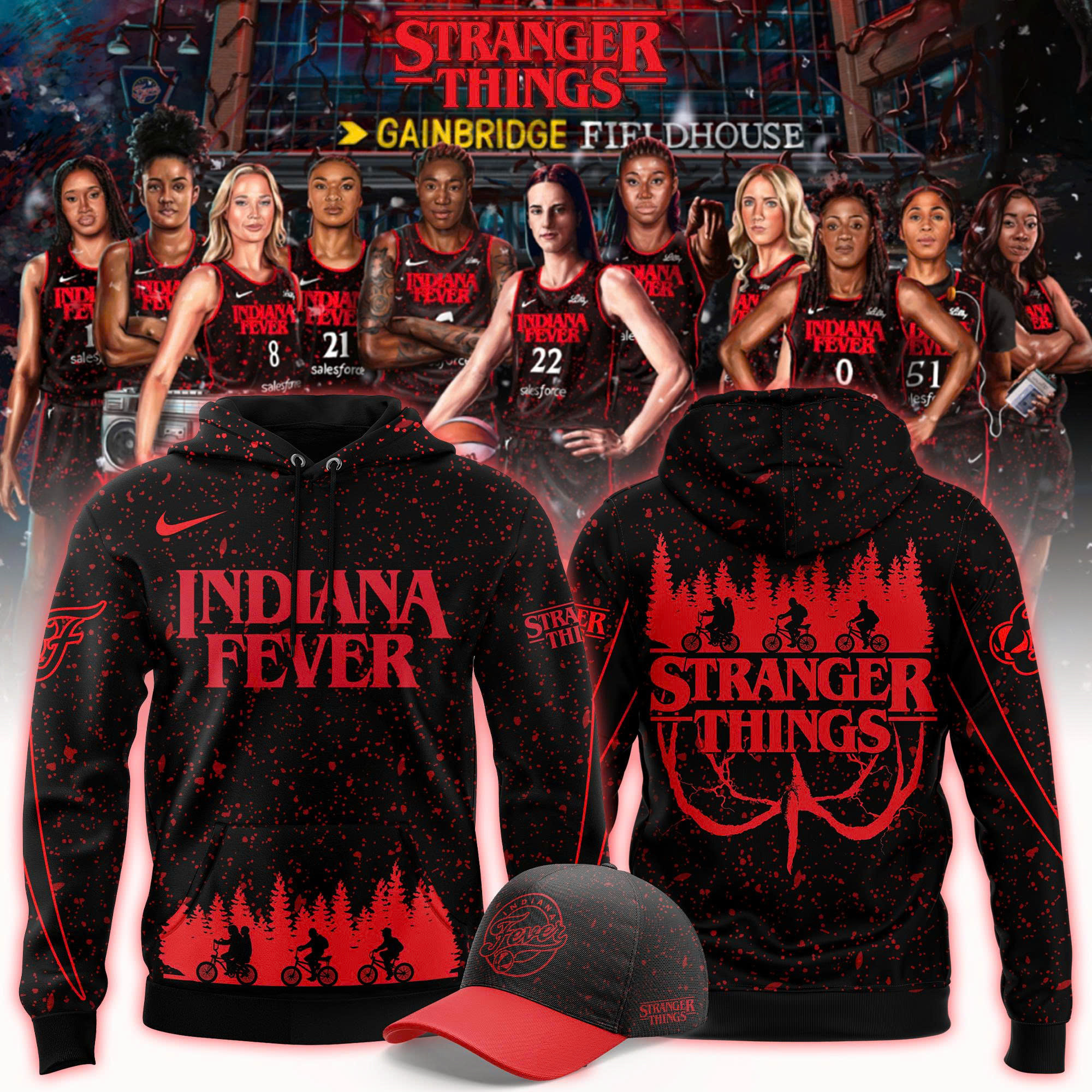 2025 Indiana Fever X Stranger Things Hoodie Good Gifts For Basketball Lovers