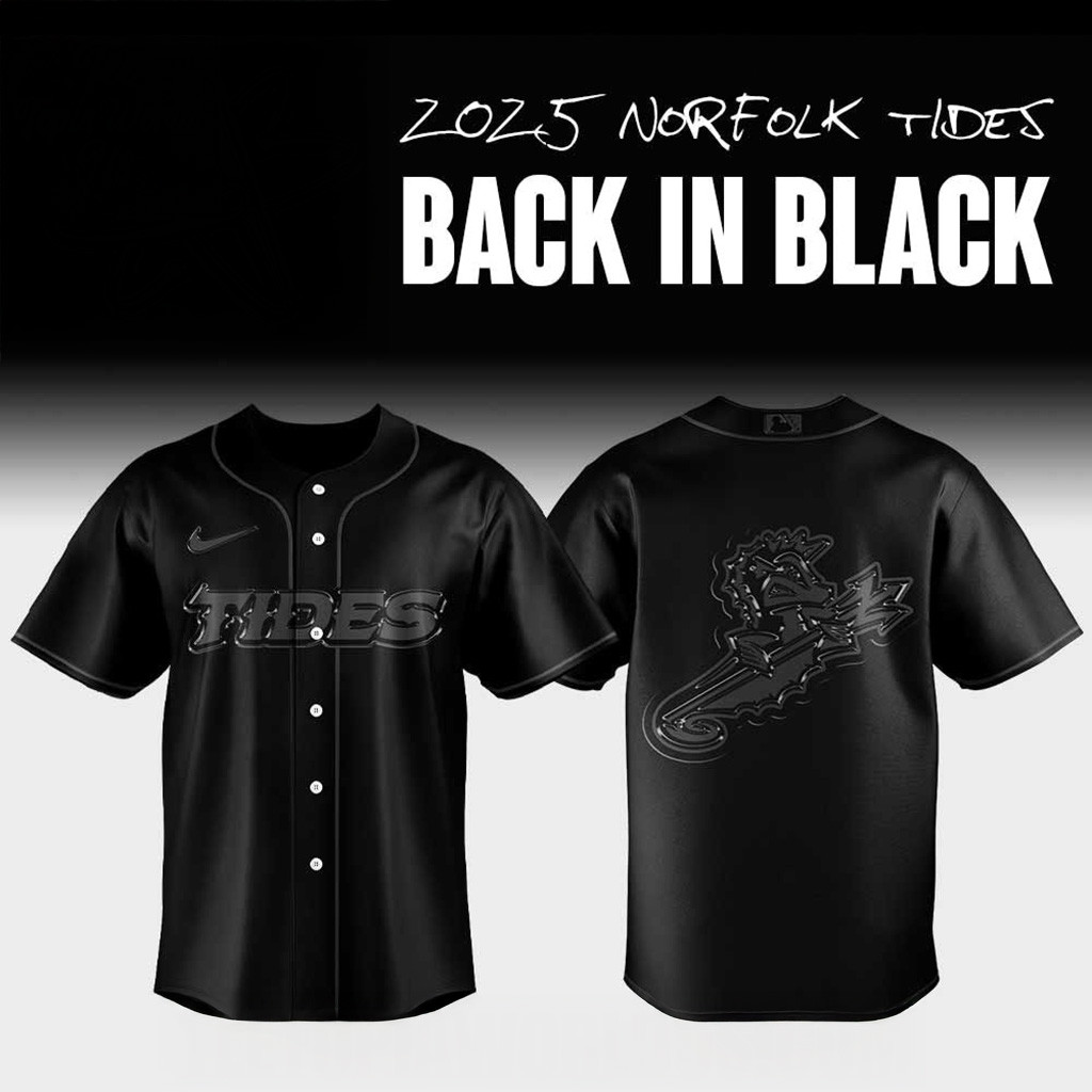 2025 Norfolk Tides Back In Black Jersey Norfolk Tides Merch Gifts For Baseball Lovers