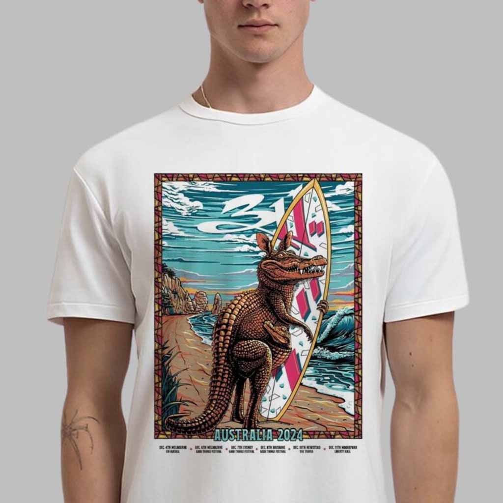 311 Australia 2024 Tour Poster Crocodile Surfing Art T-Shirt 311 Merch Gifts For Rock Lovers