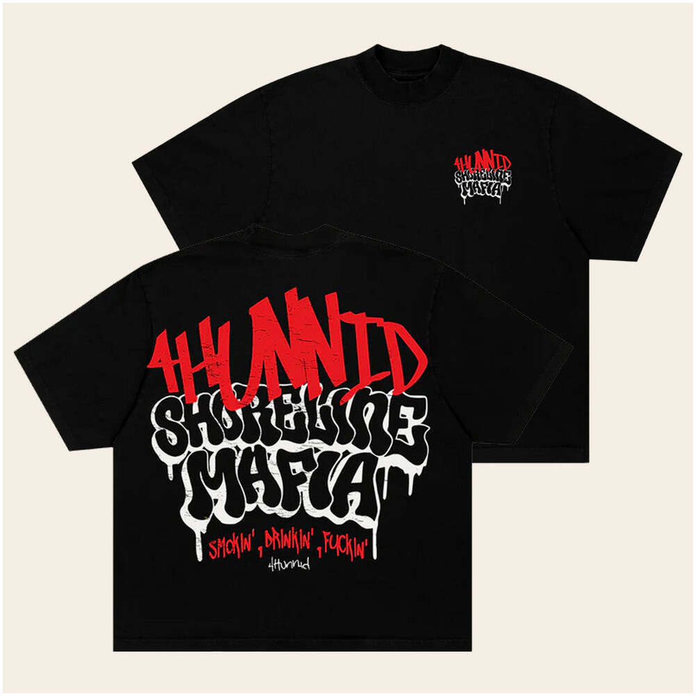 4Hunnid Merch 4Hunnid X Shoreline Mafia Hollywood Black T-Shirt Gift Ideas For Him