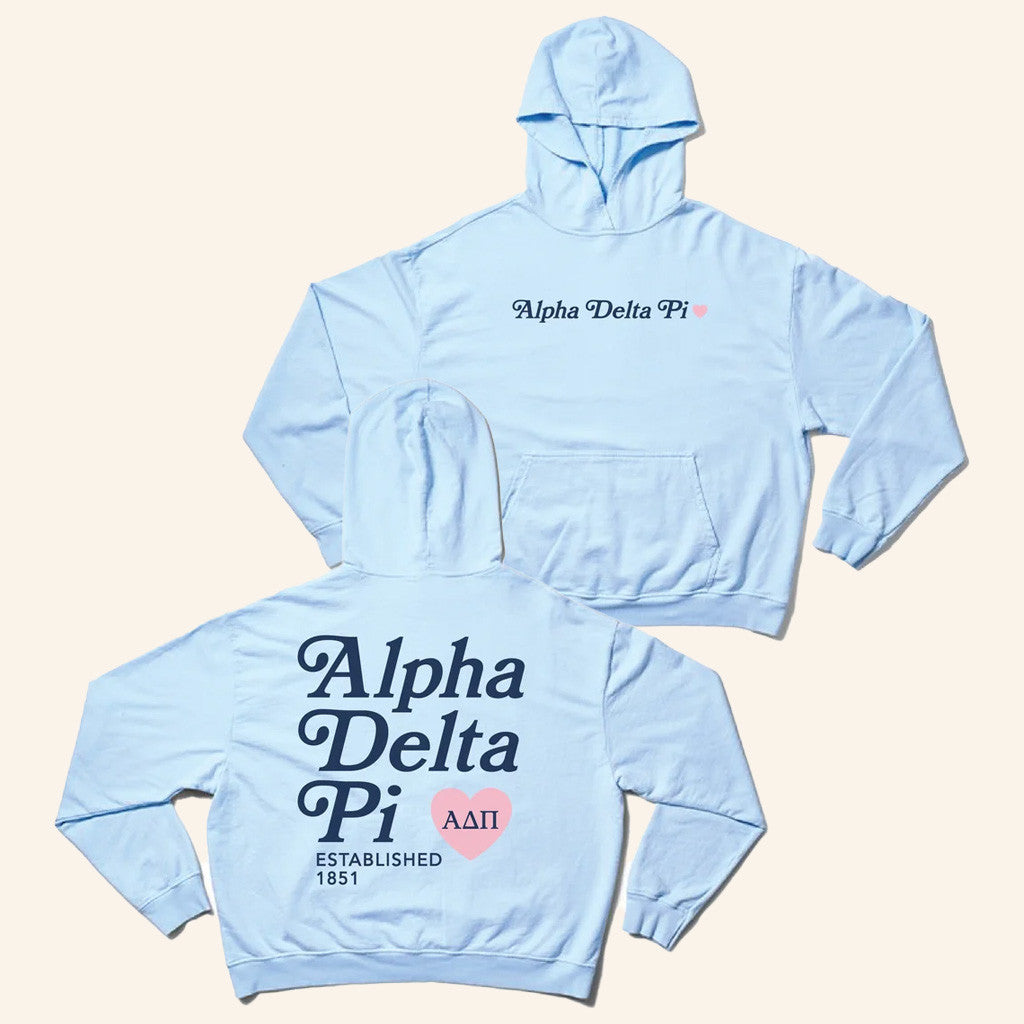 ADPI Merch Light Blue Alpha Delta Pi Heart Hoodie Best Gifts For Girlfriend