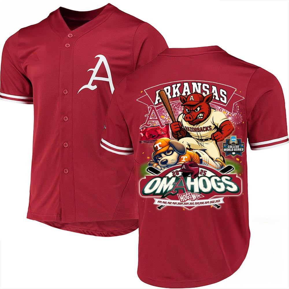 Arkansas Razorback 2025 NCAA College World Series Omahogs Win Baseball Jersey NCAA Merch