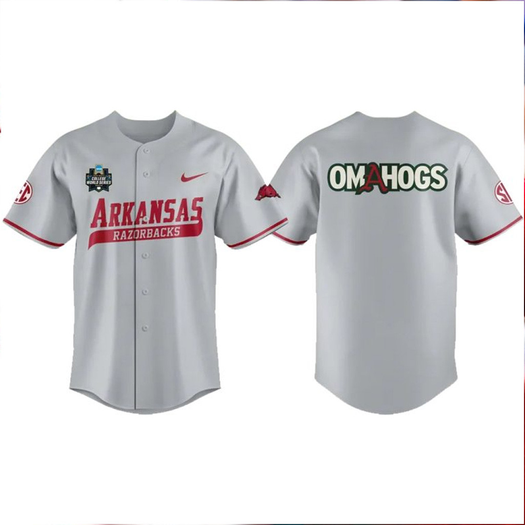 Arkansas Razorbacks Men's College World Series Omahogs Grey Baseball Jersey Razorbacks Merch