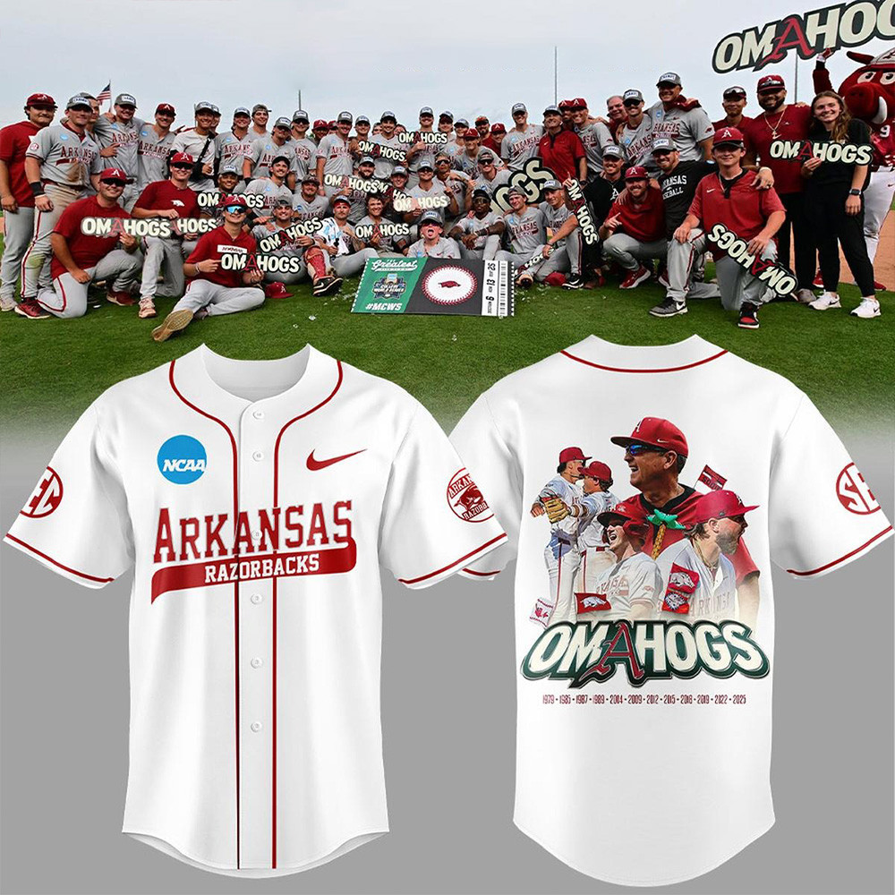 Arkansas Razorbacks Omahogs Champions White Baseball Jersey Arkansas Razorbacks Merch Fans Gift