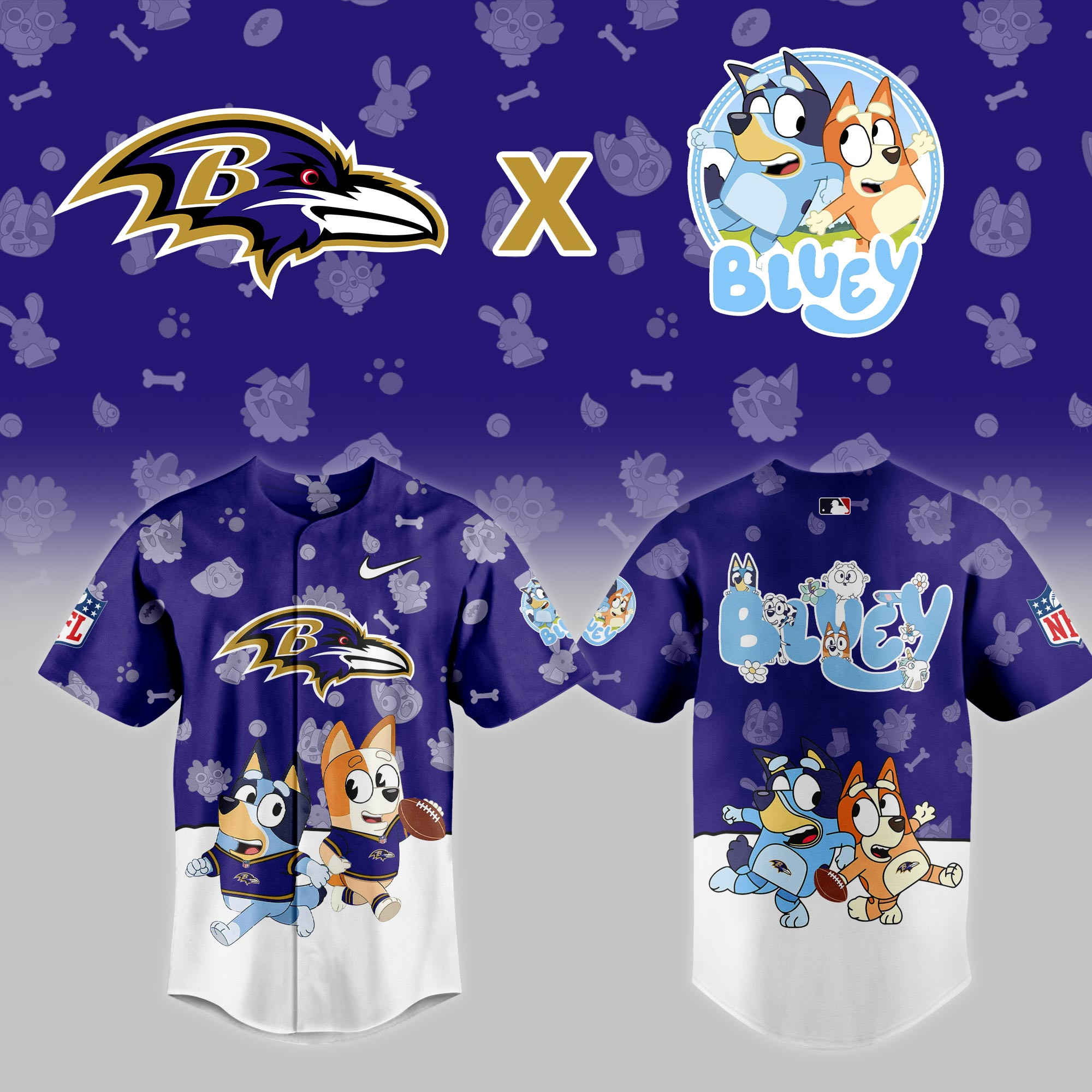 Baltimore Ravens Nfl X Bluey Night Baseball Jersey For Fans