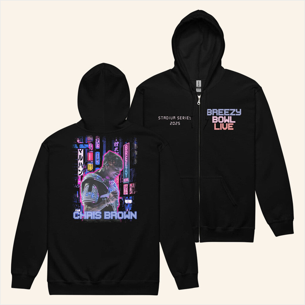 Breezy Bowl Xx Light Bright Zip Up Hoodie Chris Brown Merch Good Birthday Gifts For Best Friend