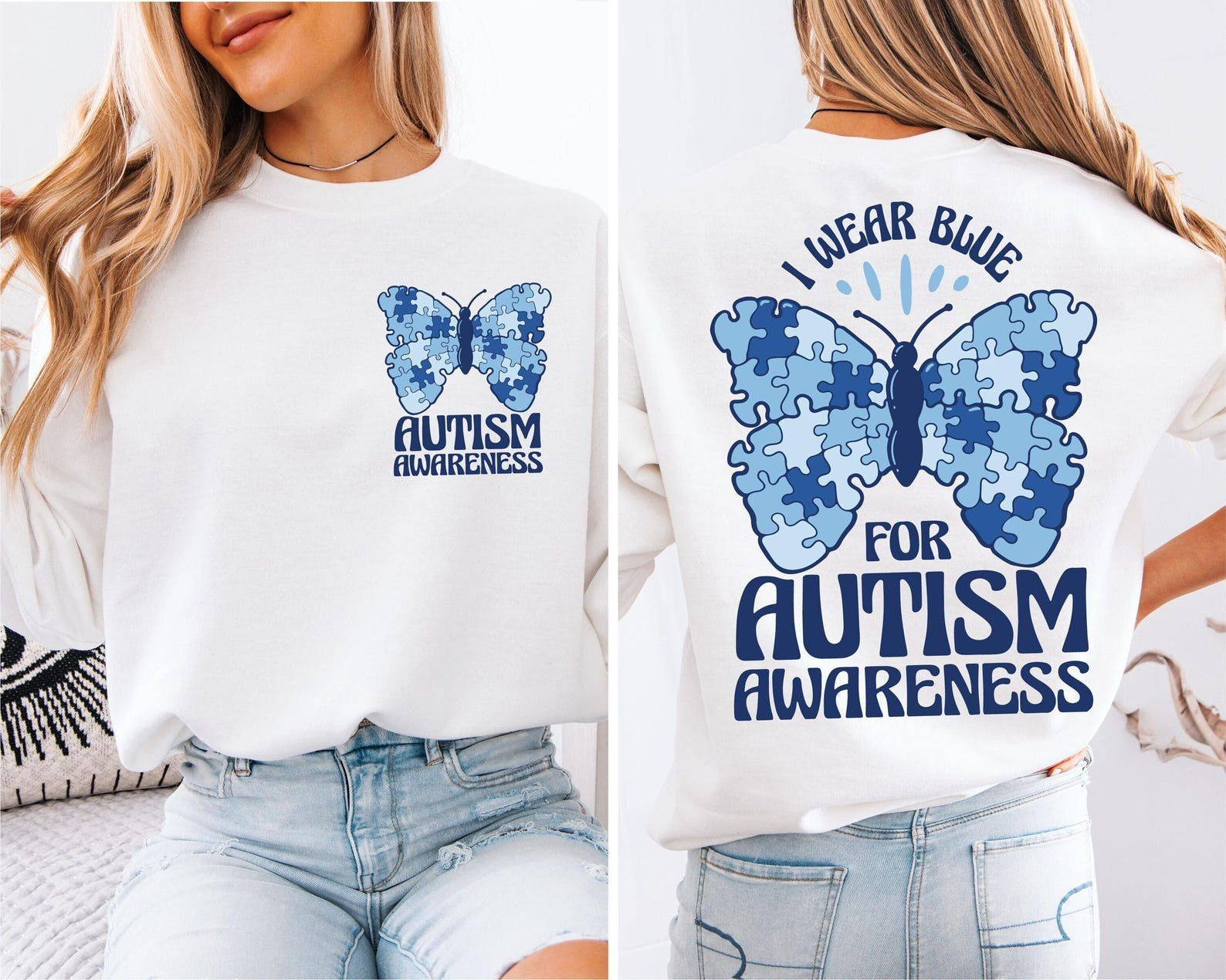 Butterfly I Wear Blue For Autism Awareness Sweatshirt Perfect Gift for Wife