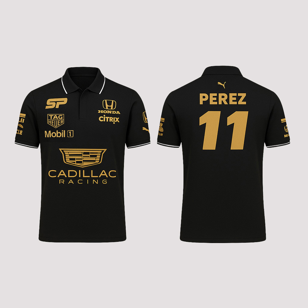 Cadillac Sergio Checo Perez Merch Gold Perez 11 Cadillac Racing Polo Shirt Gifts For Father