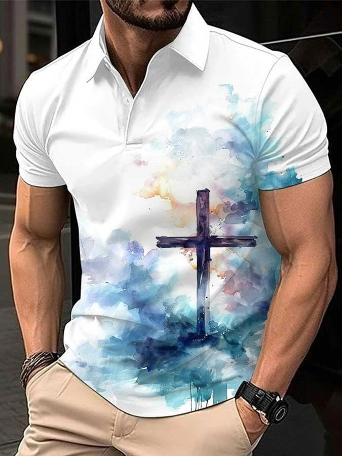 Christian Cross Watercolor Art Print Polo Shirt Mens Easter Faith Christian Gifts For Him