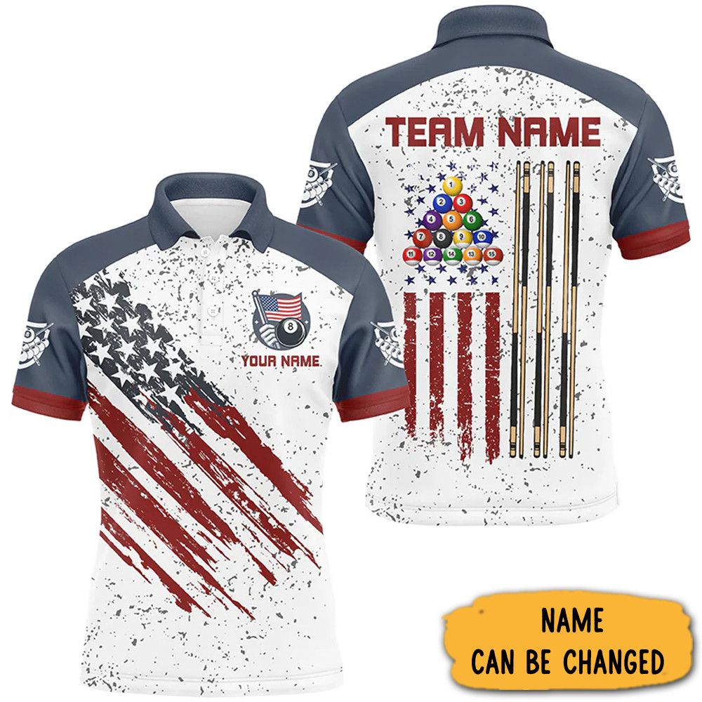 Custom American Flag Billiard Polo Shirts For Men, Patriotic Team Player Pool Gifts