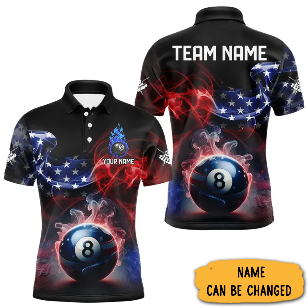 Custom American Flag Smoke 8 Ball Pool Billiard Polo Shirt Patriotic Gifts For Billiard Lovers