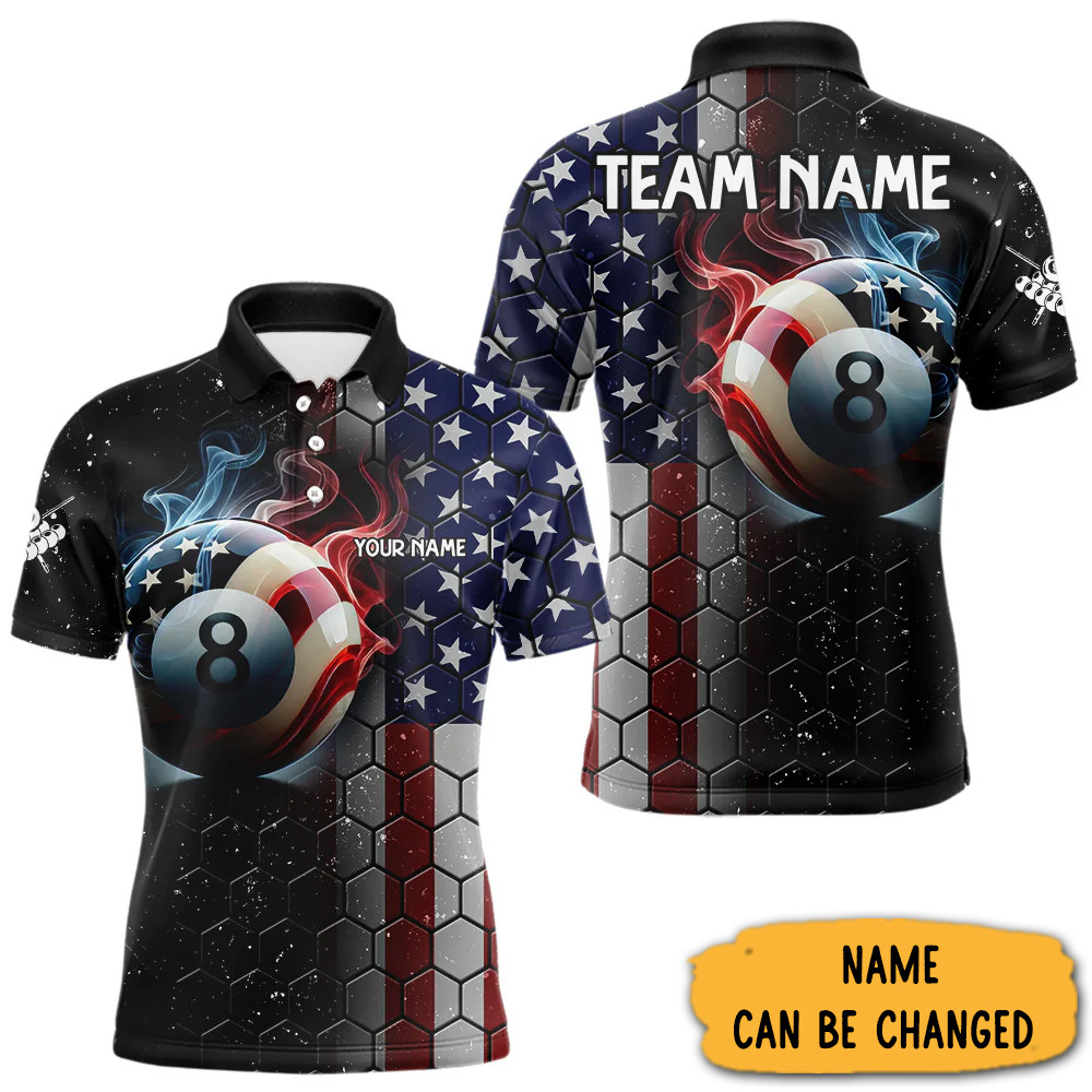 Custom Billiard Polo Shirt For Men 8 Ball Pool Polo Shirt With American Flag