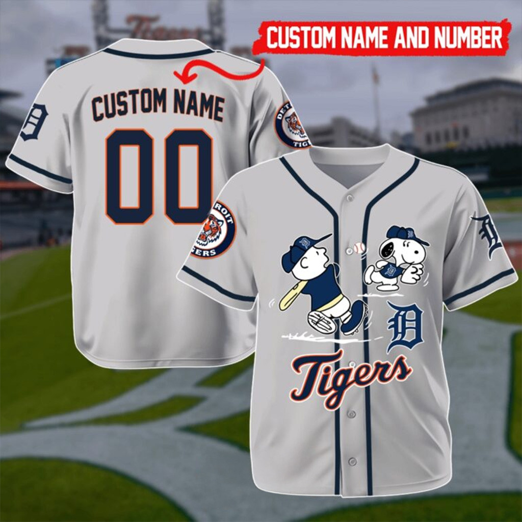 Custom Detroit Tigers Mix Charlie Brown And Snoopy Playing Baseball Jersey Fans Gifts