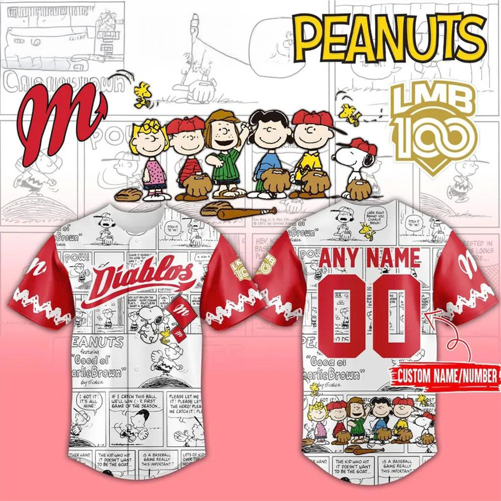 Custom Diablos Rojos del Mexico x Peanuts Baseball Jersey Unique Gifts For Baseball Fans