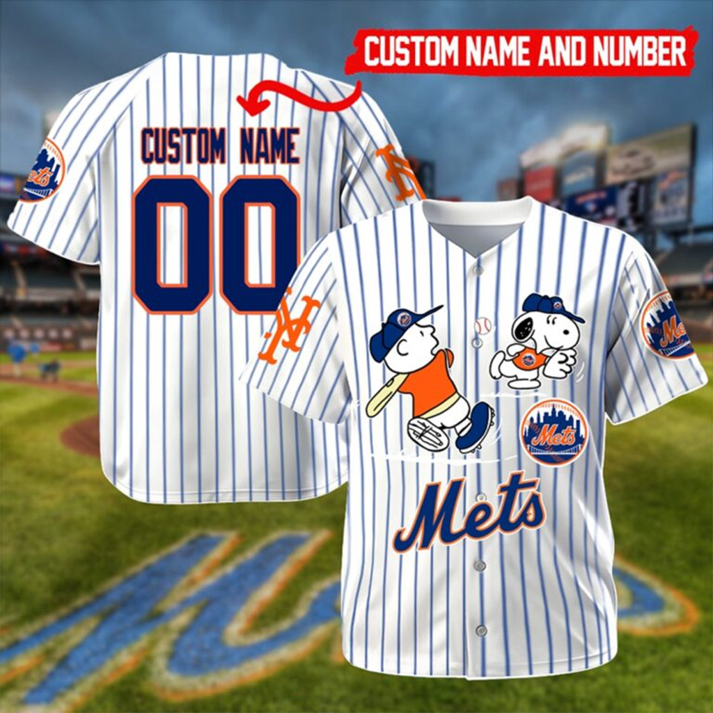 Custom New York Mets Mix Charlie Brown and Snoopy Baseball Jersey New York Mets Merch
