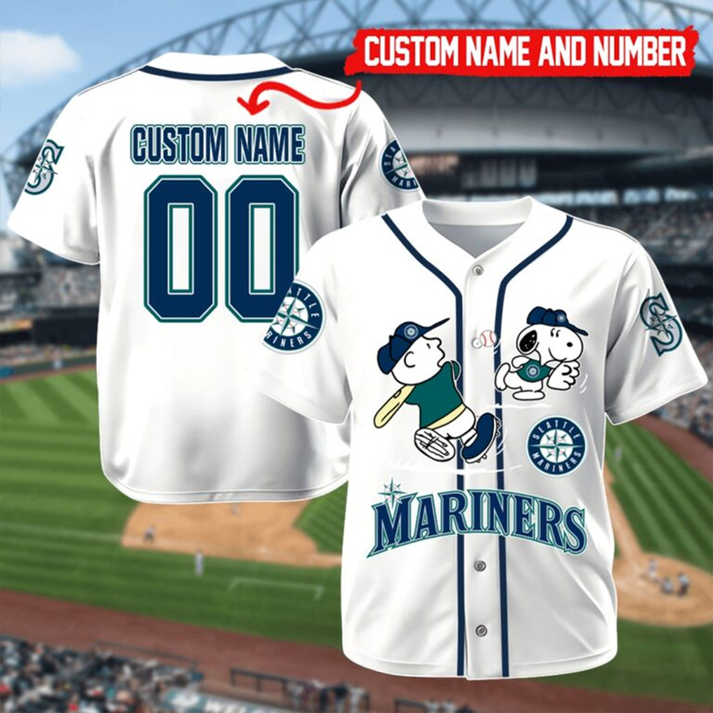 Custom Seattle Mariners Charlie Brown And Snoopy Playing Baseball Jersey Seattle Mariners Merch