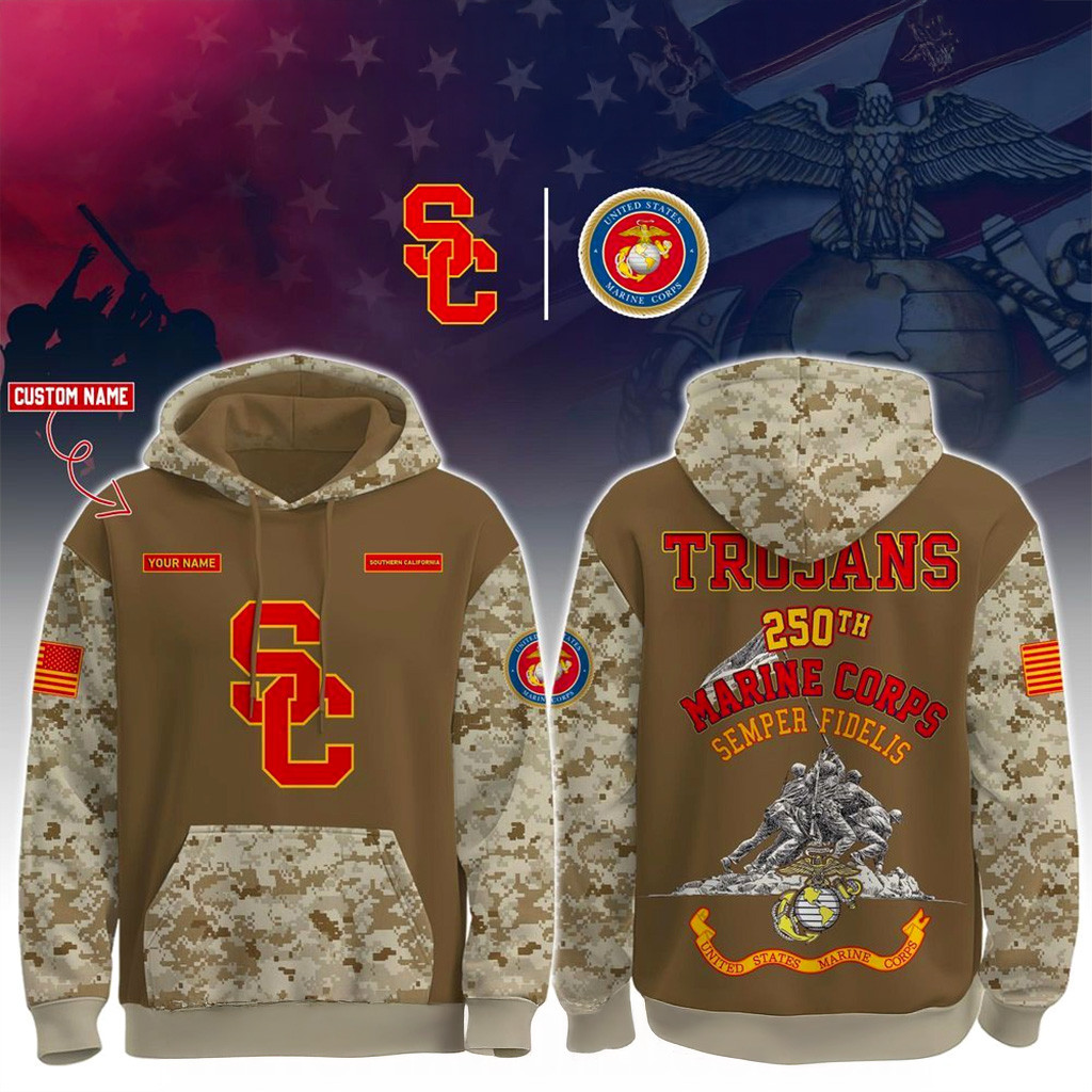 Custom USC Trojans USMC 250Th Birthday Hoodie USC Trojans Merch Gifts For Veterans