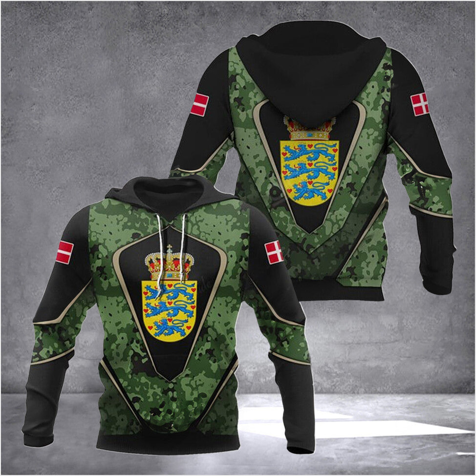 Denmark Coat Of Arms Camouflage Hoodie Denmark Flag With Coat Of Arms Emblem Merch