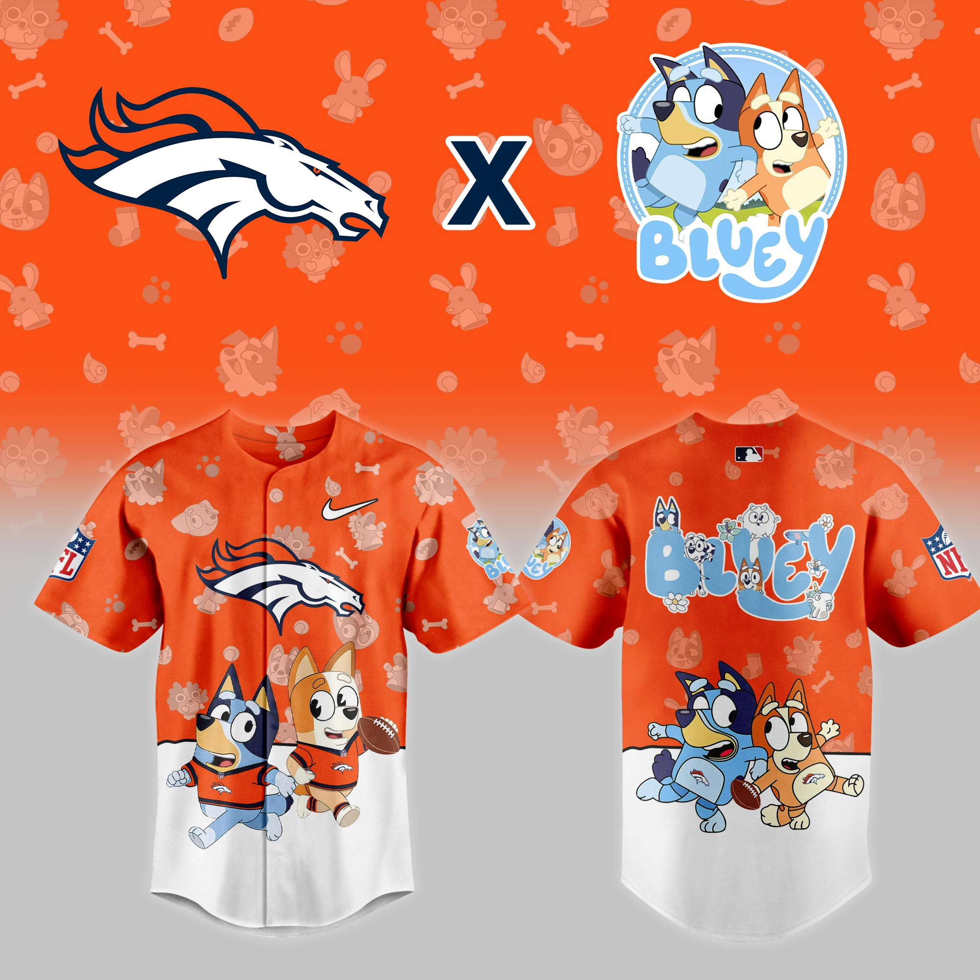 Denver Broncos Nfl X Bluey Night Baseball Jersey For Fans