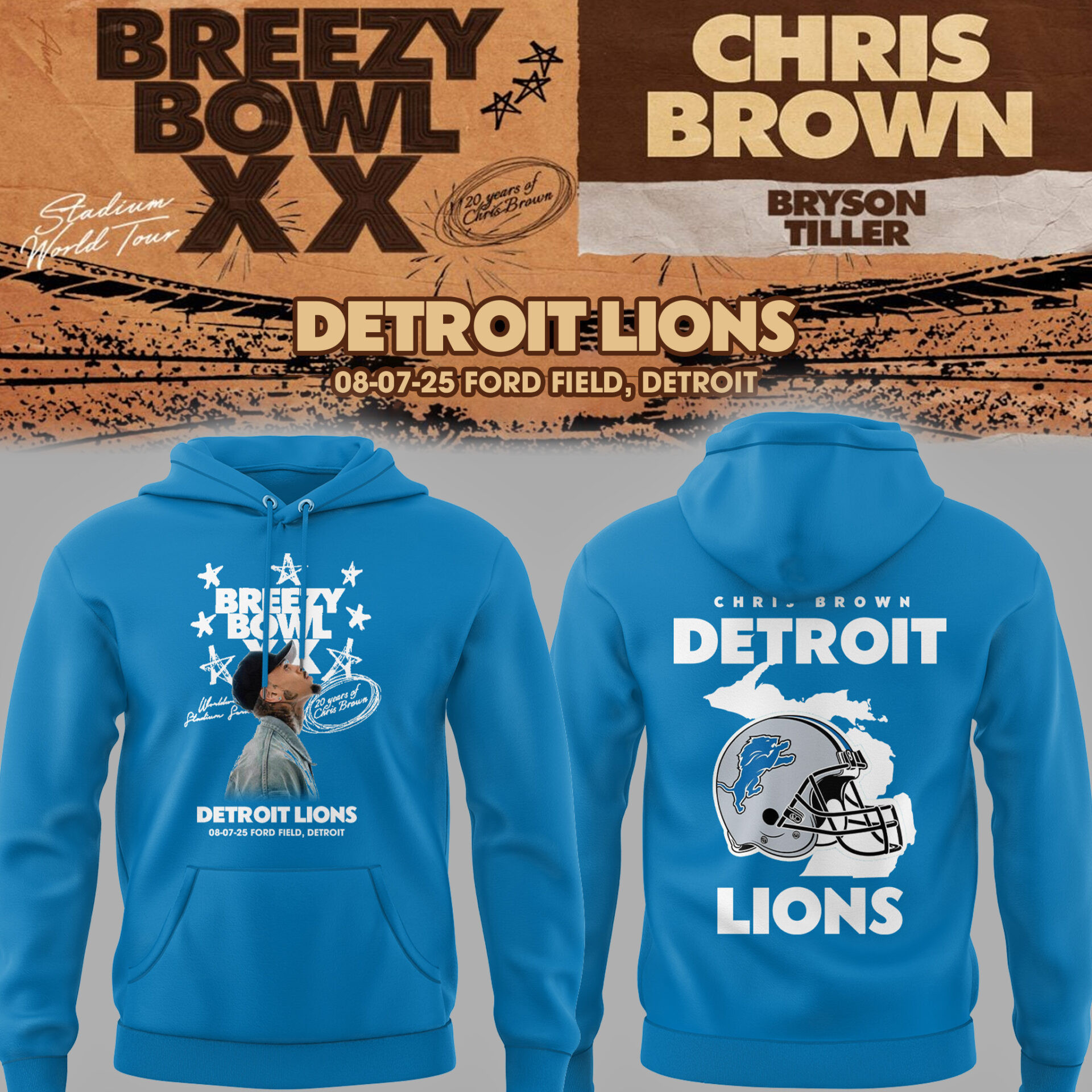 Detroit Lions X Chris Brown Breezy Bowl XX Tour 2025 Blue Hoodie Fan Merch