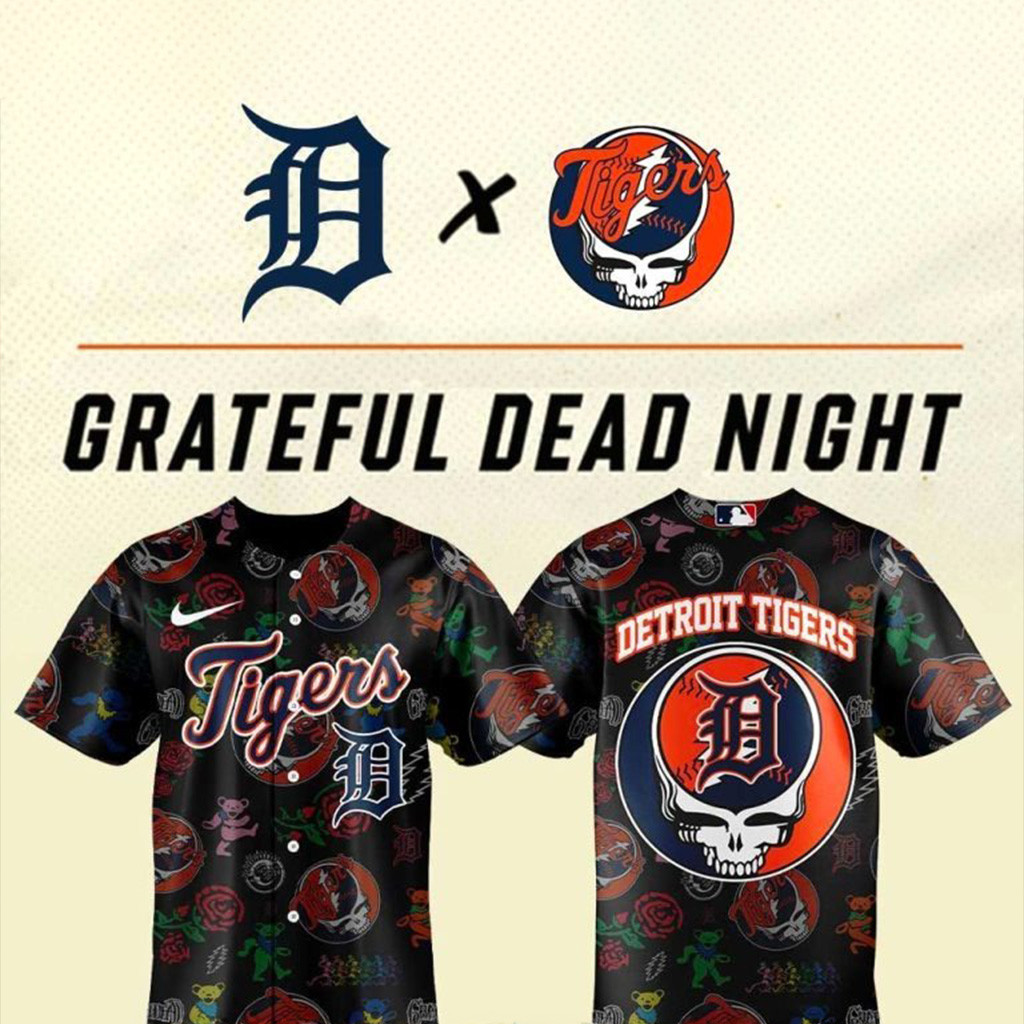 Detroit Tigers Grateful Dead Night Black Jersey Detroit Tigers Merch Gifts For Baseball Lovers