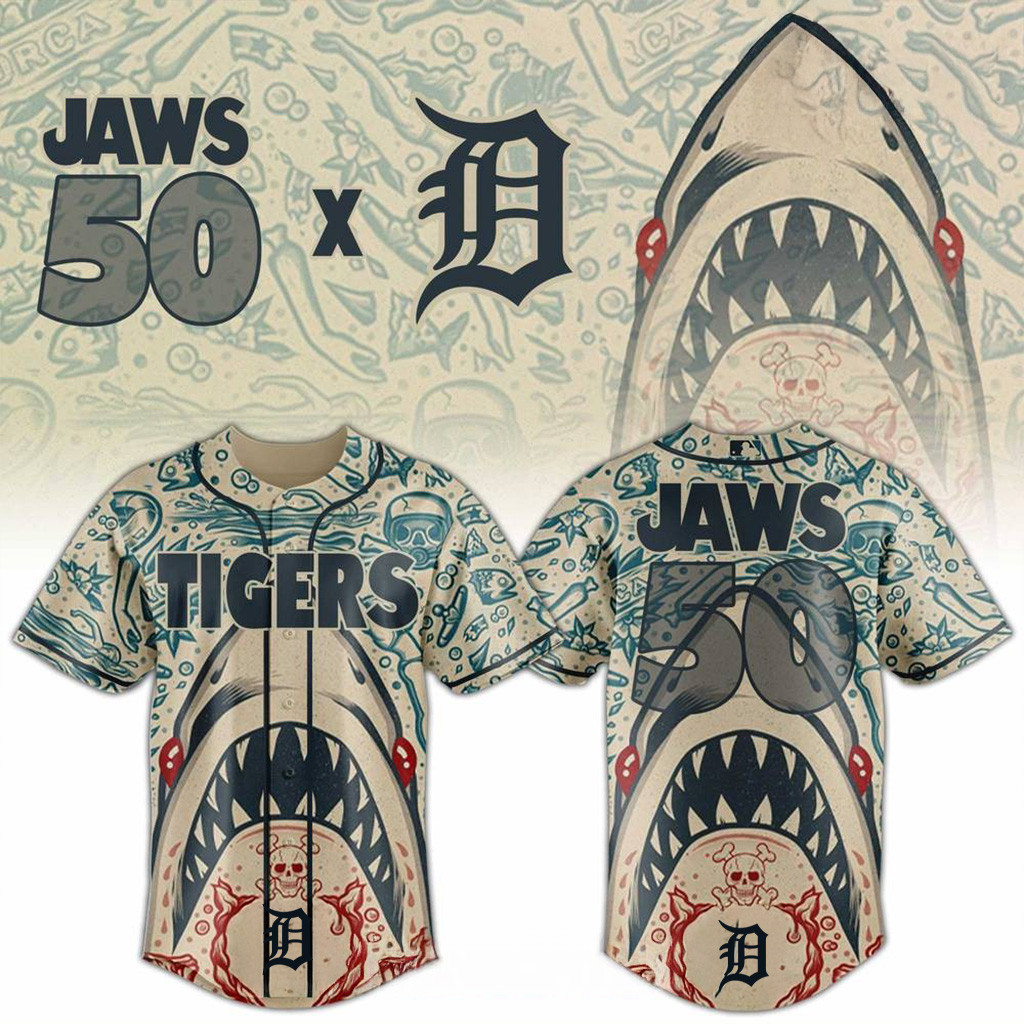 Detroit Tigers X Jaws 50th Jersey Detroit Tigers Merch Best Gifts For Baseball Fans
