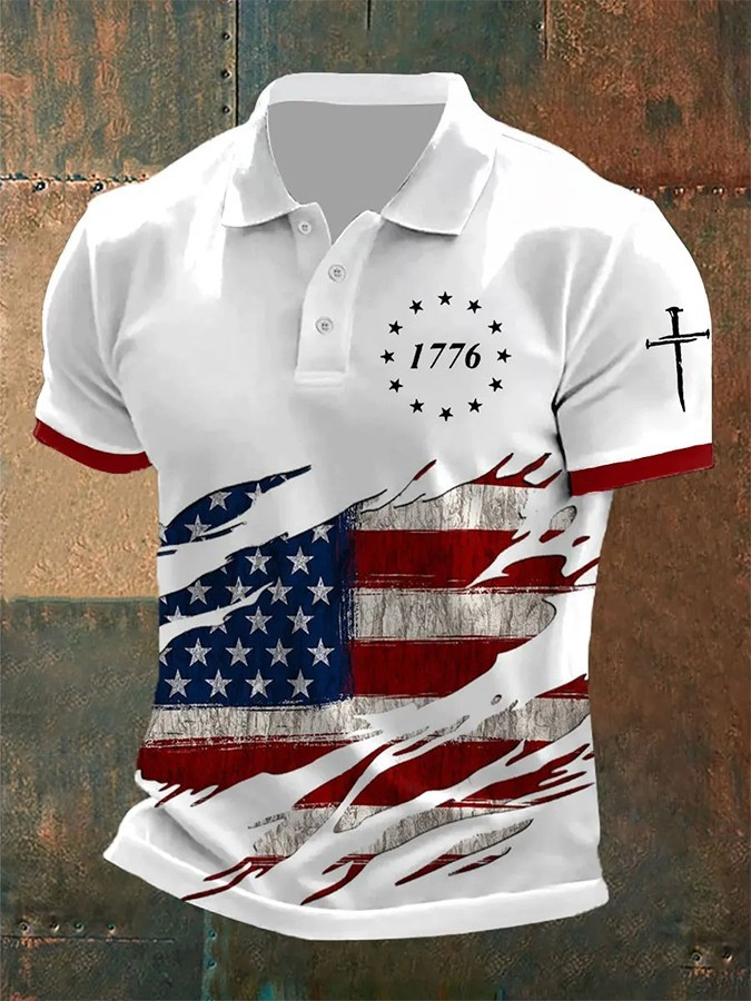 Faith Christian Cross Nail 1776 Polo Shirt Mens American Flag Vintage Patriotic Apparel