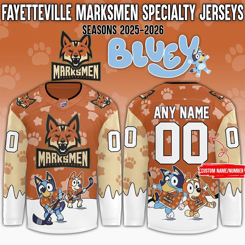 Fayetteville Marksmen X Bluey Custom Hockey Jersey 2025 Fan Merch