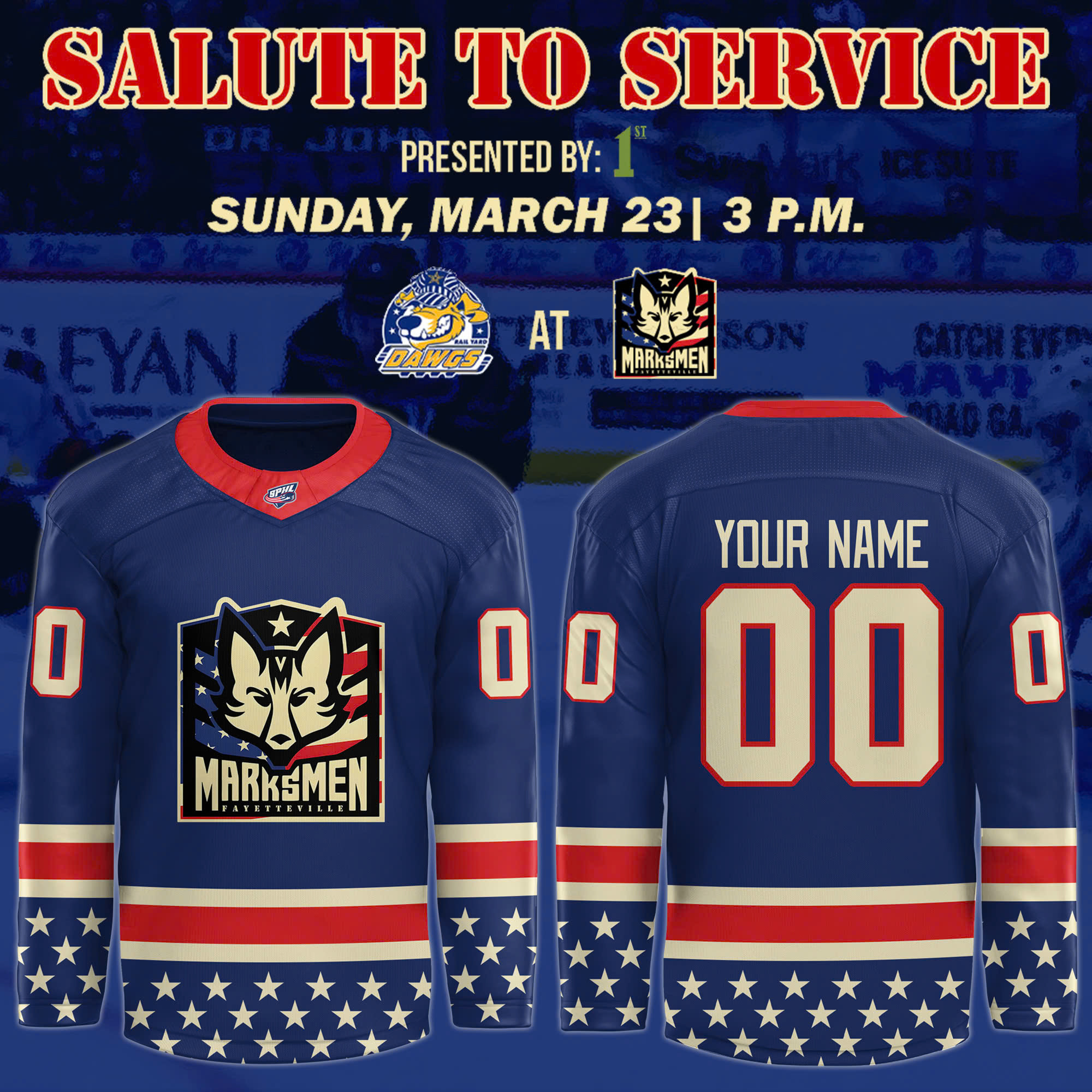 Fayetteville Marksmen X Salute To Service Game Fayetteville Marksmen X Bluey Custom Hockey Jersey 2025 Fan Merch
