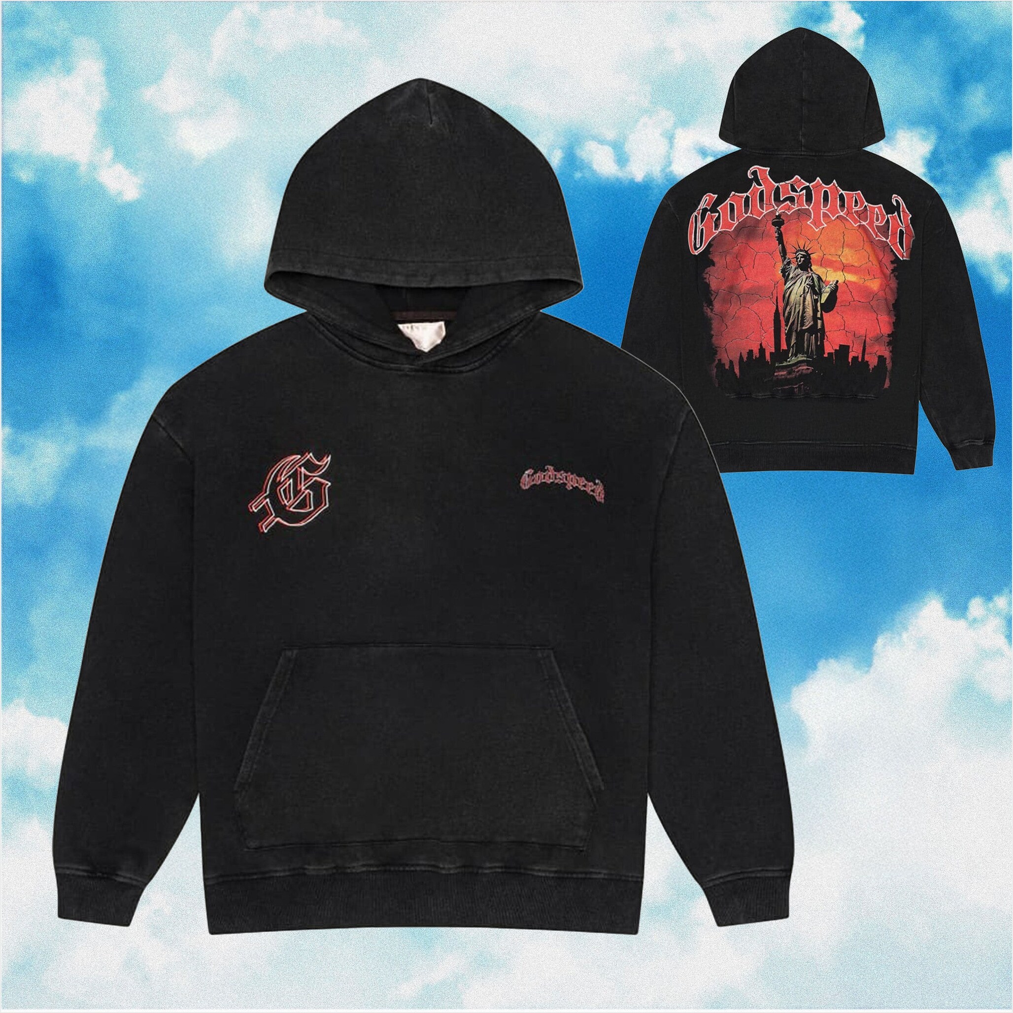 Godspeed Hoodie State Of Liberty Red Day Black Wash Hoodie Streetwear Clothing