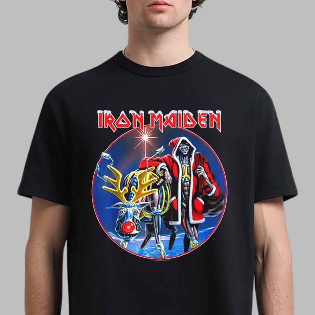 Iron Maiden SIT Xmas 2024 Santa Eddie With Reindeer Art T-Shirt Iron Maiden Merch Gifts For Band Fans