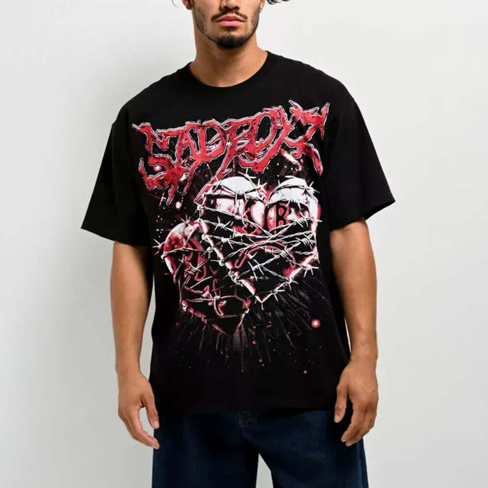 Junior H Sad Boyz Merch X Lost Hills Barbed Wire Heart Black T-Shirt Gifts For Him