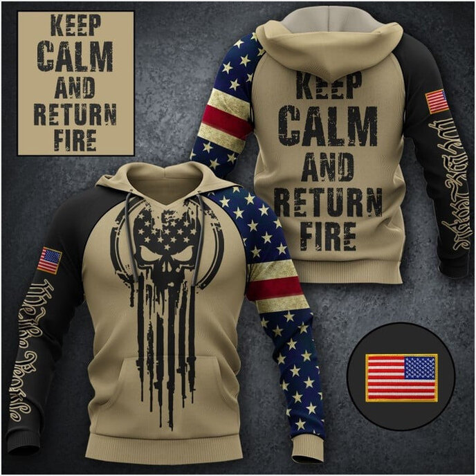Keep Calm And Return Fire Skull Hoodie We The People Mens USA Flag Hoodies Gun Lovers Clothing