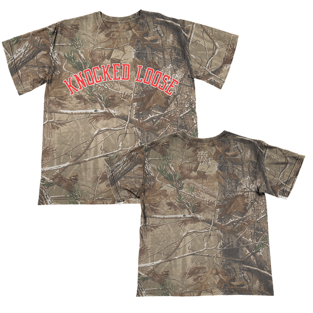 Knocked Loose Merch Knocked Loose Varsity Arch Real Tree Camo T-Shirt Gifts For Father's Day